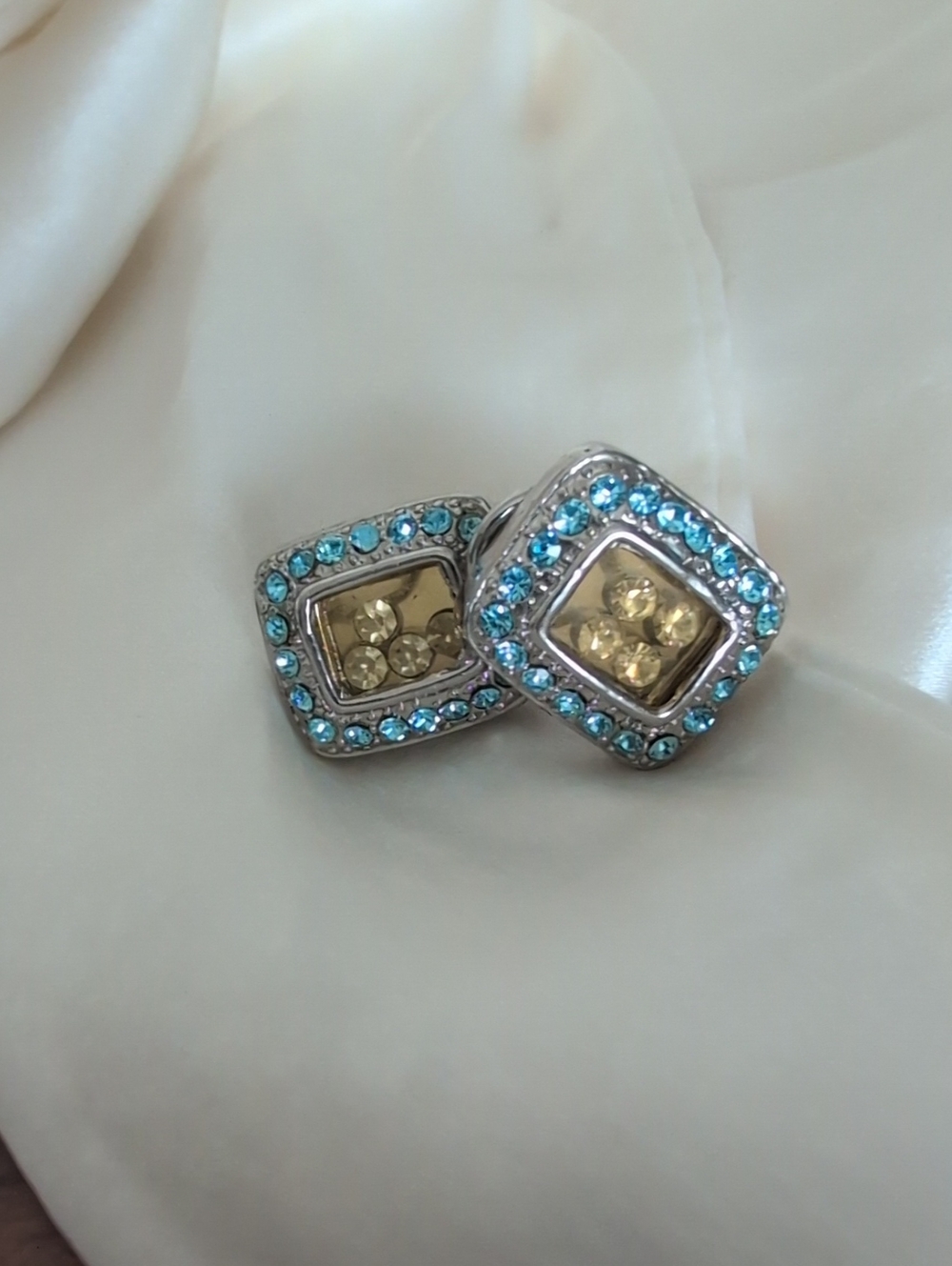 Vintage Silver-Tone Square Earrings with Blue Topaz Crystals - Picture 2 of 4